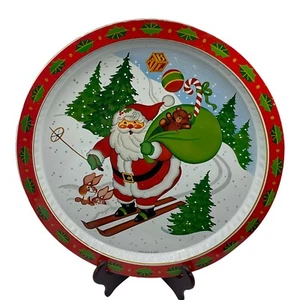 Christmas Serving Tray Vintage Round Metal Retro Santa Claus Toys Ski Kids 1980s - Picture 1 of 6