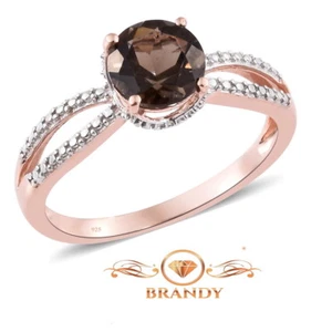 Brandy® Smoky Quartz Chocolate Brown 14K Rose Gold Silver Ring 1.80 Ct - Picture 1 of 3