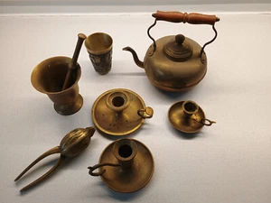 Messing Teekanne Kerzenständer Nussknacker Mörser Konvolut antik alt - Bild 1 von 4