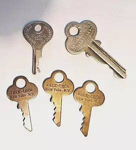 5 Vintage Keys - 3 Brass Tele-Lock NY, 1 Independence Co Mass & 1 Excelsior Conn - Afbeelding 1 van 2