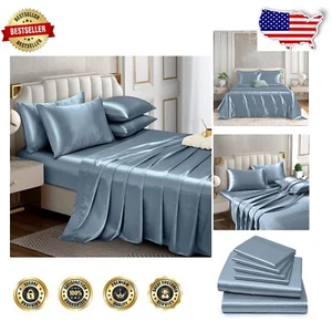 Affordable Soft Satin Sheet Set King Size, 6-Piece in Dusty Blue - Deep Pocket - Picture 1 of 10