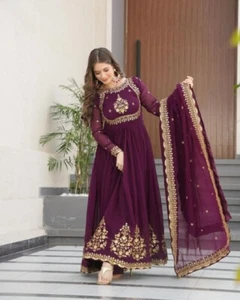 Stylish Latest Faux Georgette Wine Gown With Dupatta For Women Festival Wear - Picture 1 of 9