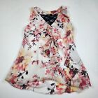 iZ Byer Womens Top Blouse XL Pink Floral Ruffled Front Black Lace Back Bodice