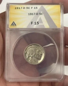 1917-D .05 ANACS F 15 Buffalo Nickel, Indian Nickel, 5 Cent Piece #7912 - Picture 1 of 4