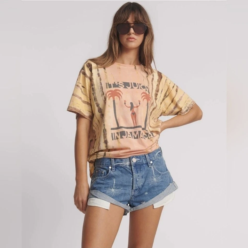 One Teaspoon Bandits Low Waist Denim Shorts Malibu Blue Size 28 Palm Trees Short - Image 1 of 4