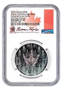 2024 Canada Silver Maple Leaf Pulsating Forest NGC PF70 primo giorno emissione e firmato - Foto 1 di 2