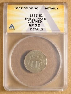1867 Shield Nickel with Rays ANACS VF 30 Details - Picture 1 of 4