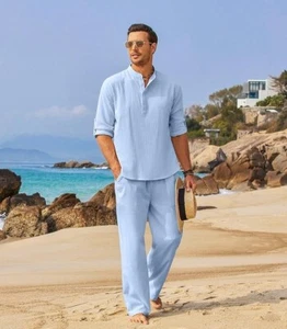 Mens 2 Pieces Cotton Linen Set Long Sleeve Henley Shirt Long Pants with Pockets - Picture 1 of 7