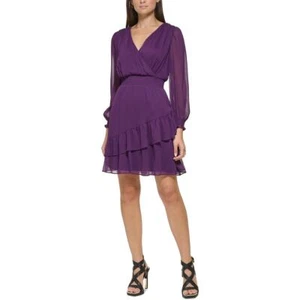DKNY Womens Purple Surplice Neckline Ruffled Mini Dress 2 BHFO 0477 - Picture 1 of 2