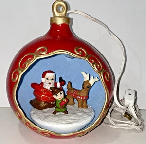Vintage Lighted 3D Christmas Ornament Diorama with Santa Sleigh Elf & Reindeer - Picture 1 of 11