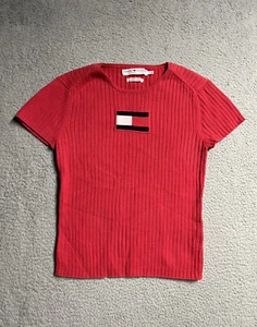 Tommy Hilfiger T-Shirt Womens Large Short Sleeve 100% Cotton Red Flag Logo - Picture 1 of 14