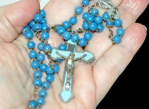 Vintage Catholic Light Blue Glass Rosary Beads, Silver Tone Crucifix- 16"- Italy - Picture 1 of 7