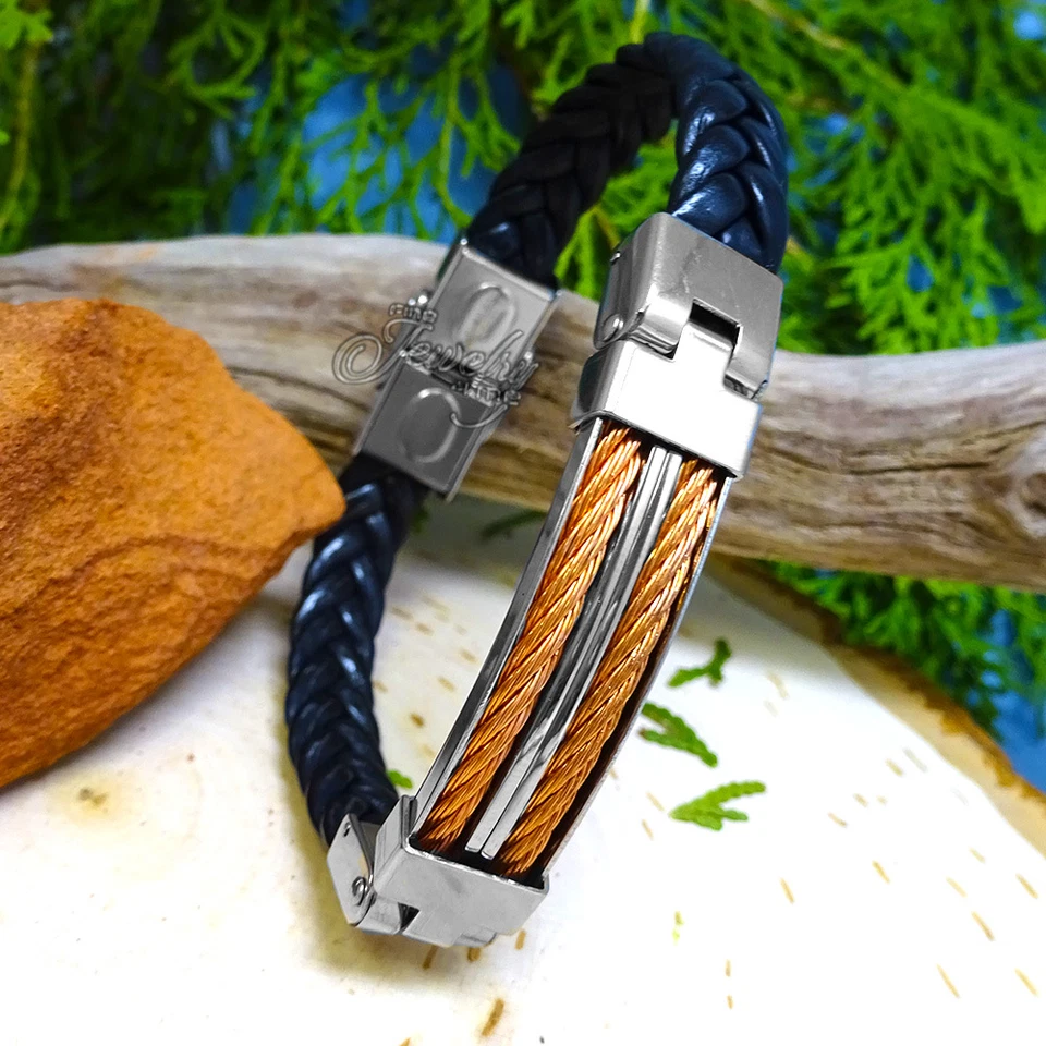 Brazalete de cuero trenzado negro con cable trenzado de acero inoxidable dorado rosa para hombre Foto 1 de 1