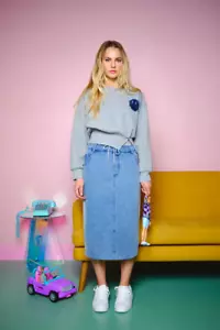 CES FEMME SWEATSHIRT/DENIM CONTRAST MIDI SKIRT GRAY SIZE SMALL-MADE IN THE USA - Picture 1 of 4