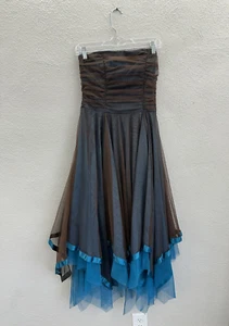 Water Signs Juniors Dress Size 9/10 Brown Blue Strapless Layered Homecoming VTG - Picture 1 of 13