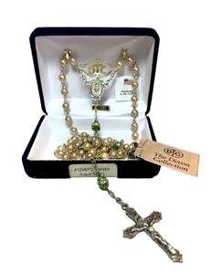 DTC Devon Collection August Birthstone Faux Peridot Pearl Crucifix Rosary w/Box - Picture 1 of 18