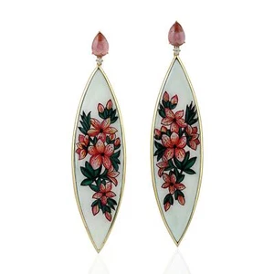 Diamond Pink Tourmaline Hand Painted Flower Marquise Earrings 18k Yellow Gold - Picture 1 of 5