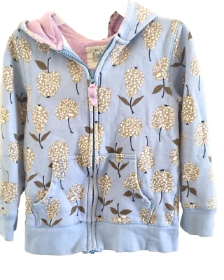 Girls 5/6Y Mini Boden Blue patterned hoodie, pink trim - Image 1 of 4