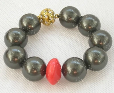 Genuino 8" 18mm Redondo Tahití Negro Mar del Sur Concha Perlas Rosa Coral Pulsera Foto 1 de 4