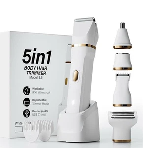 5 In 1 Body Hair Trimmer L6 Woman’s White - Washable, Interchangeable Heads, USB - Picture 1 of 6