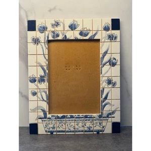 Ganz Blue White Tile Mosaic Tulips Photo Frame 6.5” X 4.5” Picture Delft Style - Picture 1 of 9