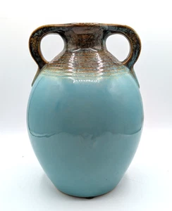 Jarrón Ánfora Vintage Azul Teal y Marrón Doble Mango Jarra Cerámica 10" - Imagen 1 de 6