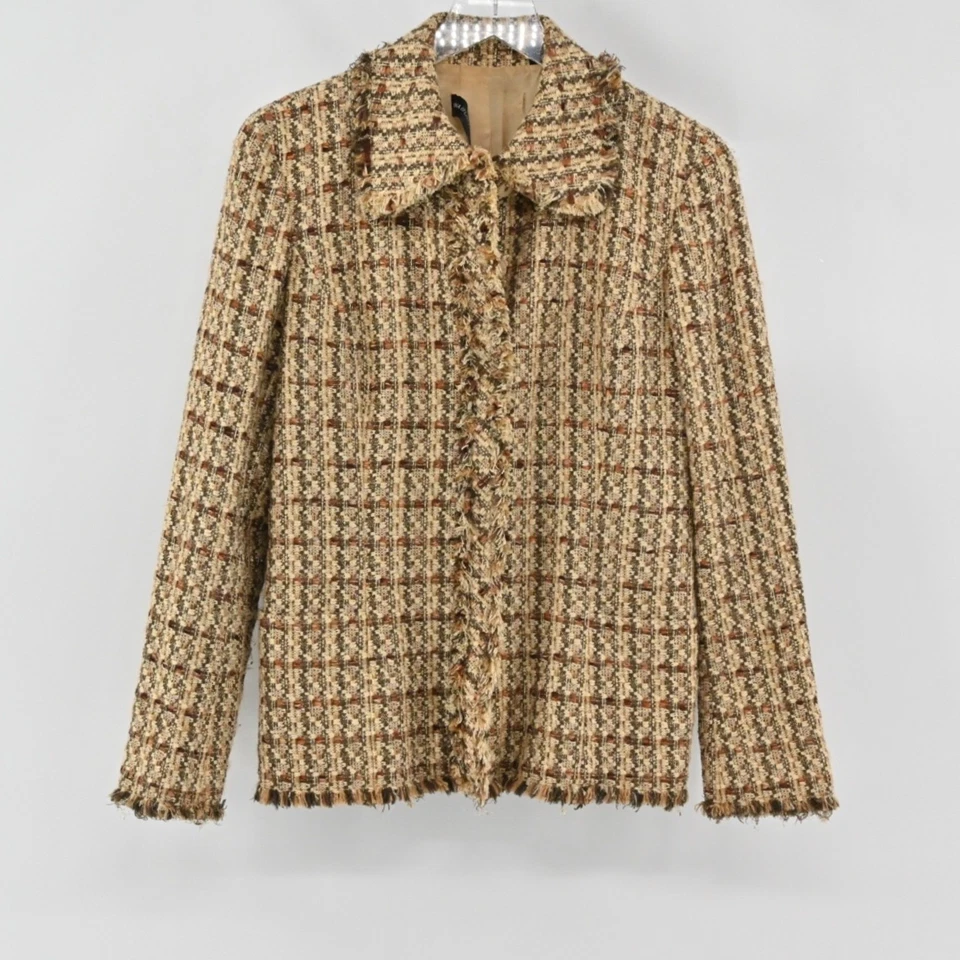 Blazer De Colección DANA BUCHMAN Mujer Tweed Talla 6 Marrón Preppy Chaqueta a Cuadros Flecos Foto 1 de 4