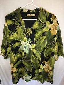 MENS BLACK GREEN 100% SILK TOMMY BAHAMA ALOHA ISLAND HAWAIIAN SHIRT SIZE XL 50" - Picture 1 of 4