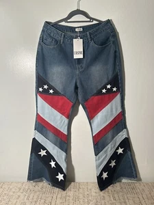 Ursime Flare Jeans American Flag Patriotic Baggy Raw Hem Denim Pants Unisex - Picture 1 of 10