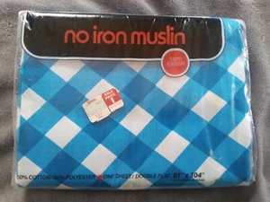 Vtg No Iron Muslin Blue Check Double Flat Sheet Full Flat Sheet - Picture 1 of 5