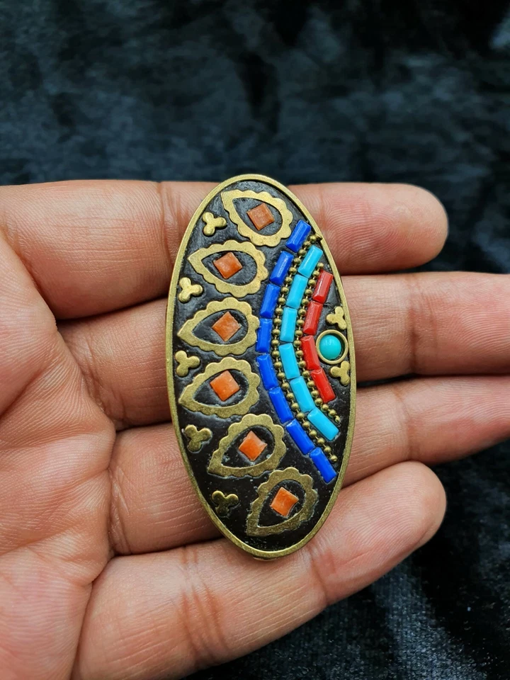 Tibetan Nepalese Brass Handmade Bead With Turquoise Coral And Lapis Lazuli Stone - Image 1 of 4