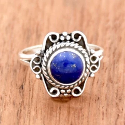 Sterling 925 Argento Lapislazzuli Gemma Forma Rotonda Originale Handmade Anello - Immagine 1 di 4