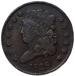 1828 U.S. Classic Head Half Cent Coin 1/2c 13 Stars - Dark Brown Toning NP0104
