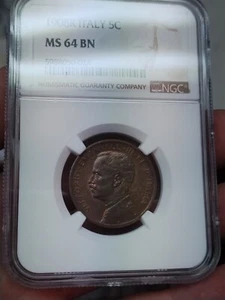 Italy 1908R 5 Centesimi NGC MS64 - Picture 1 of 2