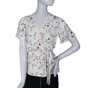 Sienna Sky Mock Wrap Top Floral Print Size XS Short Flare Sleeve Elastic Waist - Picture 1 of 7