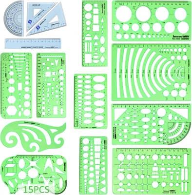 15PCS Geometric Drawings Templates, Measuring Geometry Rulers, Drafting Stencils - Image 1 of 4