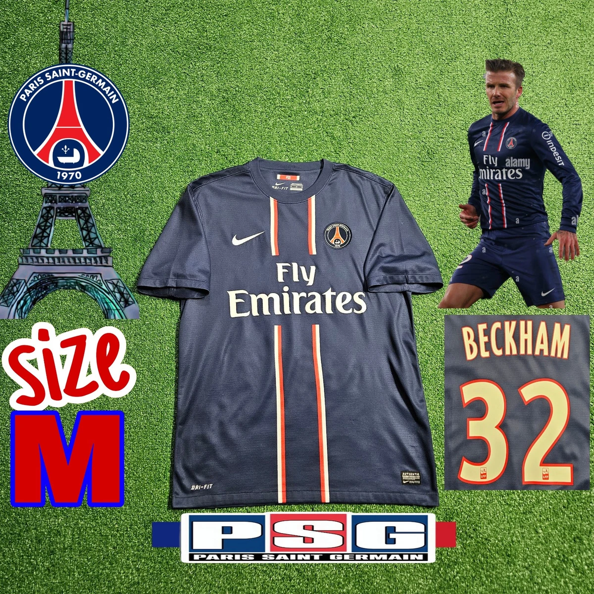 🔥Nike PSG David Beckham #32 2012/2013 Home Jersey Ligue 1 Patch