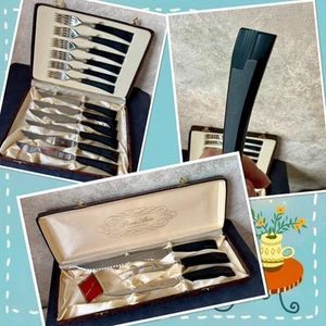 Vtg Pierre Alain Cutlery Carving Sets, Black Bakelite Handles, Stainless - Imagen 1 de 24