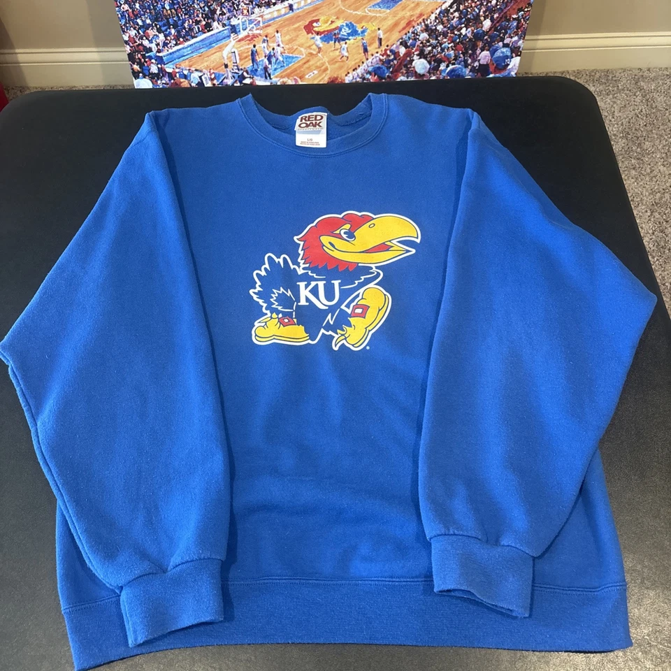 Kansas Jayhawks Sweater Unisex L Blue Champion Crewneck Big Embroidered Patch KU - Image 1 of 4