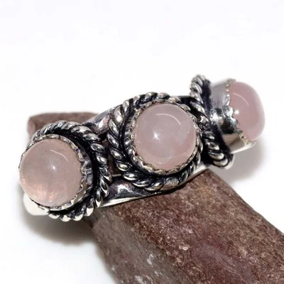 925 Серебряное покрытие великолепный розовый кварц кольцо ручной работы ювелирных изделий размер США 10 GW - Изображение 1 из 3