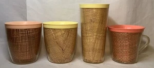 Menge 4 Vintage MCM Raffia Wear Sackleinen Web Thermo Tassen Becher Becher - Bild 1 von 5