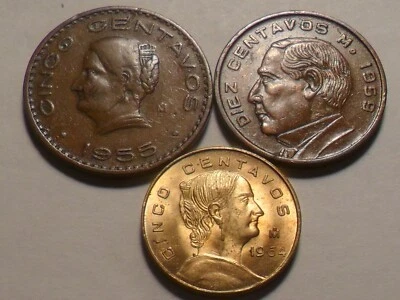 1955(Mo) 1964(Mo) 5 CENTAVOS+1959 10 CENTAVOS MÉXICO BRONCE ¡JUEGO DE 3 PIEZAS!! Foto 1 de 2