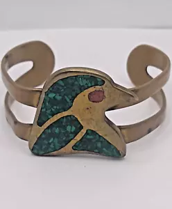 Vintage Brass Turquoise Chip Coral Cuff Bracelet Bird Handmade Unsigned - Picture 1 of 14