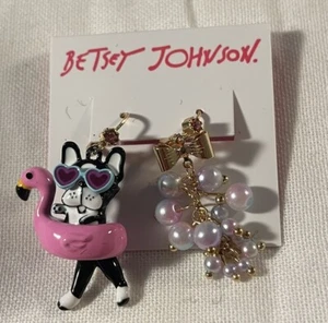 Betsey Johnson Flamingo Float Frenchie Dog Mismatch Dangle Earrings Pool Party - Picture 1 of 2