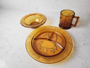 Indiana TIARA Exclusives Amber Glass 3 Piece PLATE BOWL CUP Child Nursery Rhymes - Picture 1 of 13