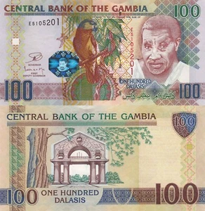 Gambia 100 Dalasi (ND/2013) - Man/Senegal Parrot/Arch 22/P-29c, Prefix E UNC - Picture 1 of 3