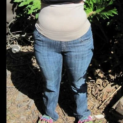 American Star Small Denim Blue Jean Maternity Pants Khaki Elastic Belly Band - Image 1 of 4