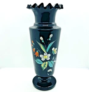 Antike böhmische Harrach schwarze handbemalte Emaille Blumen Kunst Glas Vase 10,25" - Bild 1 von 12
