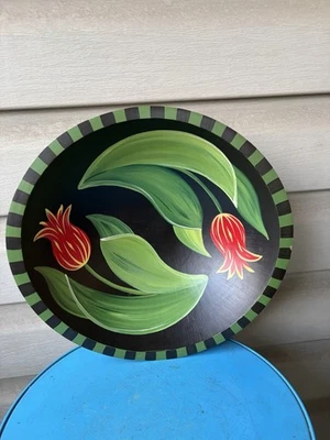 Tigela de madeira Sherwood Forest NY tulipas aro listrado grande pintada à mão 12"" - Imagem 1 de 4