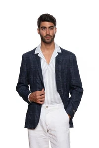 1980$ BELVEST Dark Blue Windowpane Wool Linen Jacket Blazer 40 US / 50 EU 7R - Picture 1 of 7